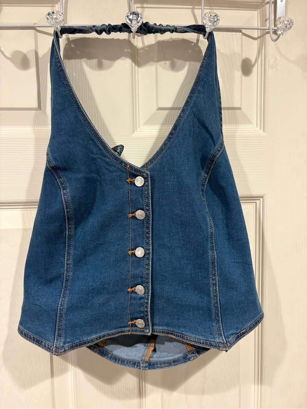 Denim Button-Front Halter Top - Blue